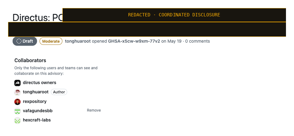 GitHub security advisory on Directus showing a credited collaborator, mechanism redacted