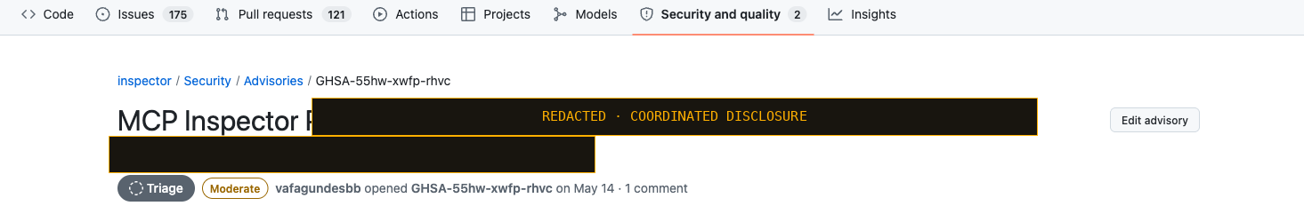 GitHub security advisory on the MCP Inspector project, moderate severity, in triage, mechanism redacted